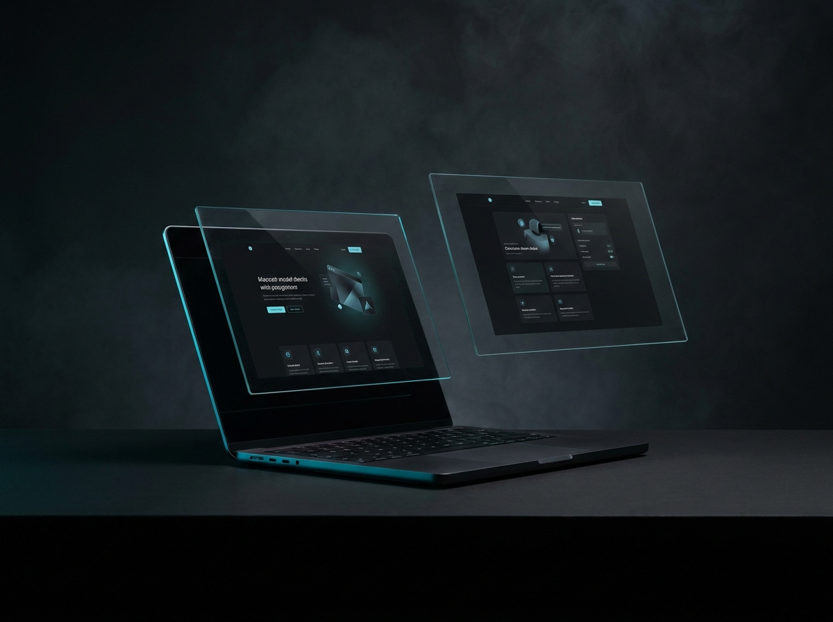 Laptop und Glasflächen mit dunklen Website-Layouts, cyanfarbenes Streiflicht